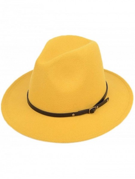 Fedoras Women Lady Vintage Retro Wide Brim Wool Fedora Hat Panama Cap with Belt Buckle - Yellow - CK18A732MZ8 $15.16