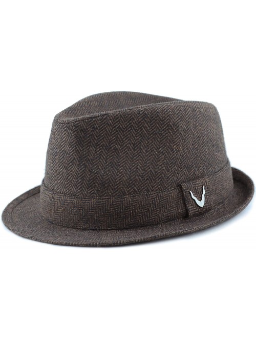 Fedoras Black Horn Unisex Cotton Wool Blend Herringbone Trilby Fedora Hats - Herringbone- Brown - CY187LZX48R $18.43