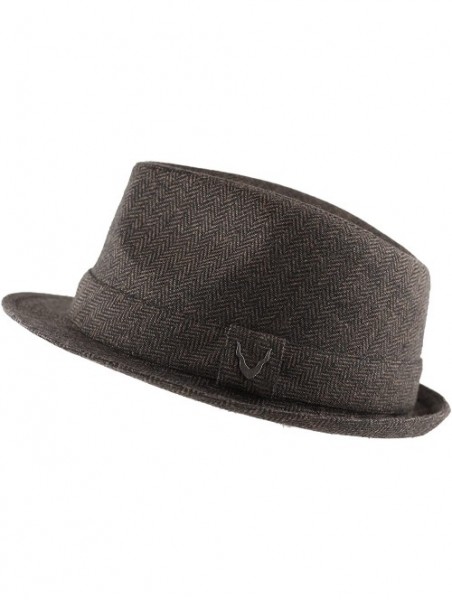 Fedoras Black Horn Unisex Cotton Wool Blend Herringbone Trilby Fedora Hats - Herringbone- Brown - CY187LZX48R $18.43