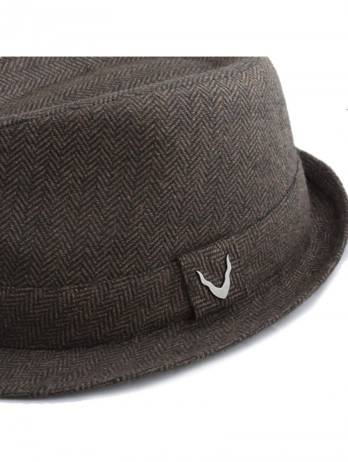 Fedoras Black Horn Unisex Cotton Wool Blend Herringbone Trilby Fedora Hats - Herringbone- Brown - CY187LZX48R $18.43