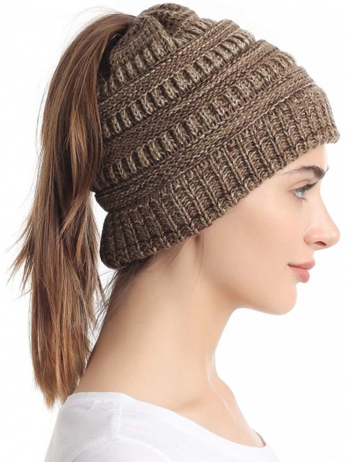 Skullies & Beanies Ponytail Messy Bun Beanie Tail Knit Hole Soft Stretch Cable Winter Hat for Women - 3 Tone Khaki - CC18X4L4...