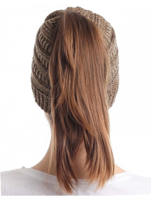 Skullies & Beanies Ponytail Messy Bun Beanie Tail Knit Hole Soft Stretch Cable Winter Hat for Women - 3 Tone Khaki - CC18X4L4...