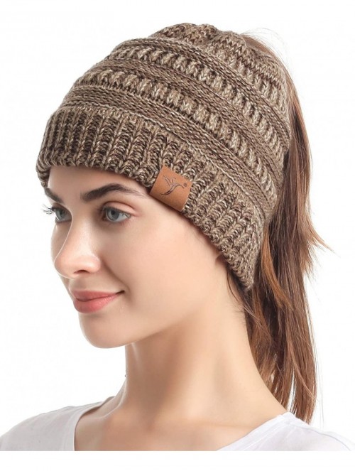 Skullies & Beanies Ponytail Messy Bun Beanie Tail Knit Hole Soft Stretch Cable Winter Hat for Women - 3 Tone Khaki - CC18X4L4...