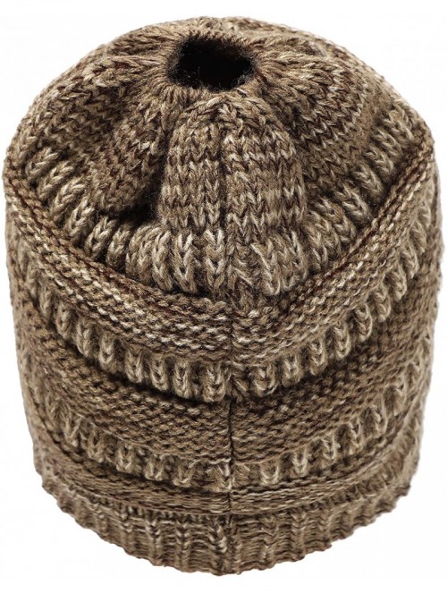 Skullies & Beanies Ponytail Messy Bun Beanie Tail Knit Hole Soft Stretch Cable Winter Hat for Women - 3 Tone Khaki - CC18X4L4...