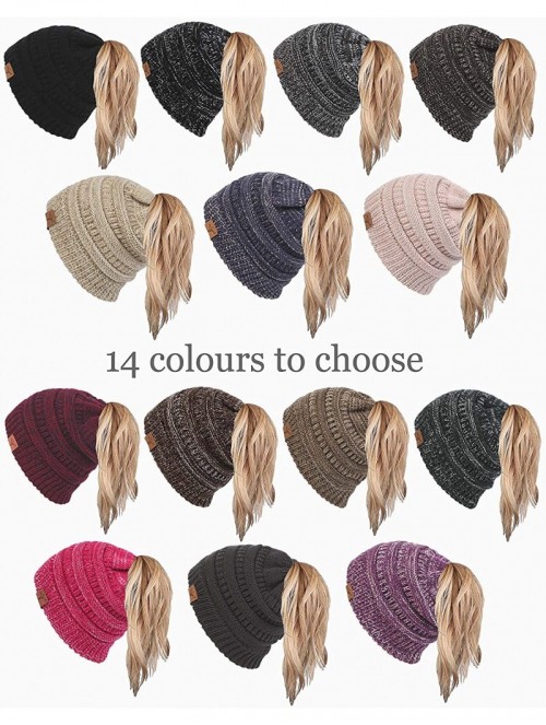 Skullies & Beanies Ponytail Messy Bun Beanie Tail Knit Hole Soft Stretch Cable Winter Hat for Women - 3 Tone Khaki - CC18X4L4...