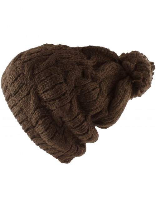 Skullies & Beanies Thick Crochet Knit Slouchy Pom Pom Beanie Winter Ski Hat - Crochet Chocolate - CZ12CFUM6KV $13.21