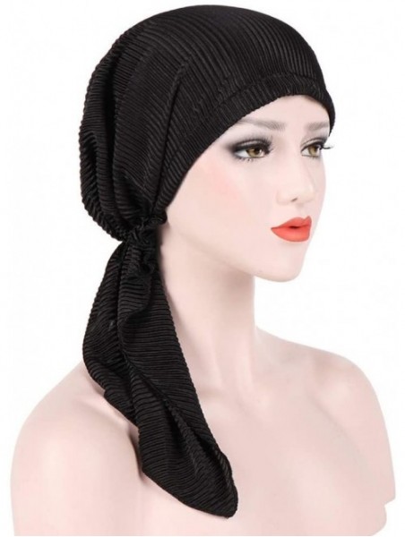 Skullies & Beanies Women India Muslim Stretch Turban Hat Cotton Hair Loss Head Scarf Wrap Long Tail Tailband Cap Summer (Blac...