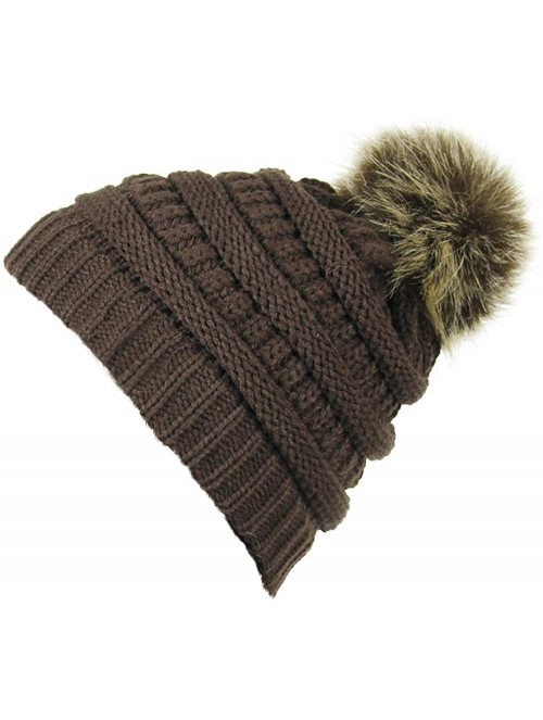 Skullies & Beanies Pom Pom Hats for Women Winter Cable Knit Beanie Faux Fur Pom Pom Soft Warm Ski Cap Girls - Brown Pom Hat -...