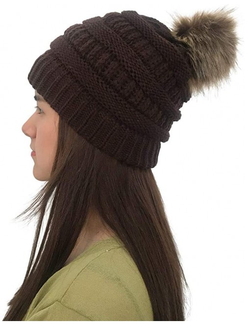 Skullies & Beanies Pom Pom Hats for Women Winter Cable Knit Beanie Faux Fur Pom Pom Soft Warm Ski Cap Girls - Brown Pom Hat -...