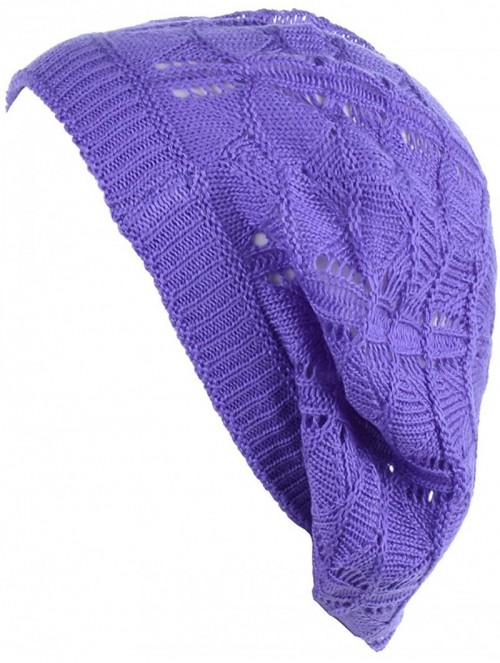 Berets Chic Parisian Style Soft Lightweight Crochet Cutout Knit Beret Beanie Hat - Wavy Stripes Purple - CX18EMHIR57 $15.37