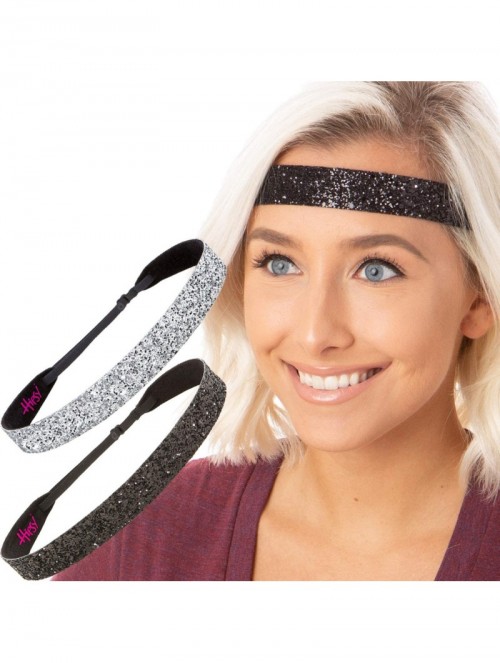 Headbands Women's Adjustable NO Slip Wide Bling Glitter Headband - 2pk Wide Black & Silver Bling Glitter - C818AKU4D8Q $14.36