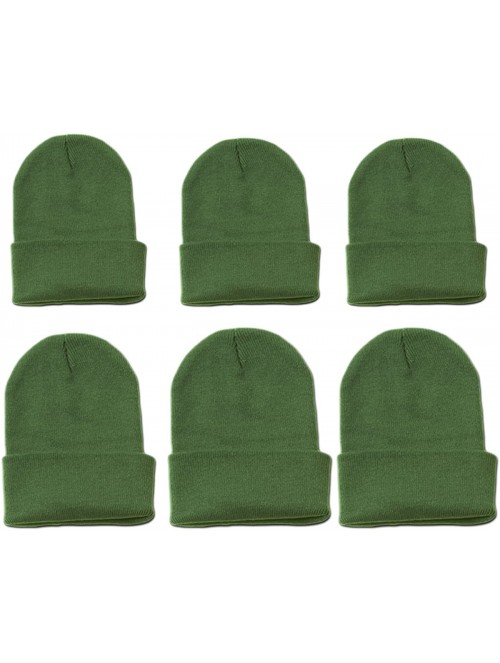 Skullies & Beanies Wholesale 6 PCS Unisex Knit Long Cuff Ski Solid Plain Beanie Cap - Olive Green - C512MZXQYXU $18.00