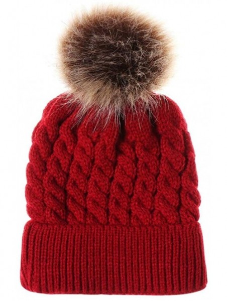 Cold Weather Headbands Mom And Baby Knitting Wool Hemming Hat Keep Warm Winter Fur Ball Hat Cap - Wine - CA18IRIK9XH $12.01