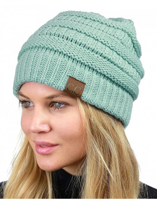 Skullies & Beanies Unisex Chunky Soft Stretch Cable Knit Warm Fuzzy Lined Skully Beanie - Mint - CI187GE9SWK $15.57