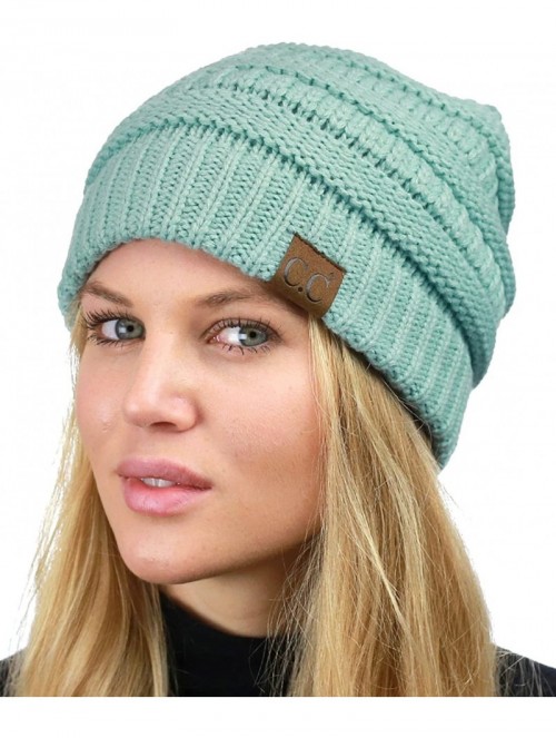 Skullies & Beanies Unisex Chunky Soft Stretch Cable Knit Warm Fuzzy Lined Skully Beanie - Mint - CI187GE9SWK $15.57