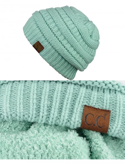 Skullies & Beanies Unisex Chunky Soft Stretch Cable Knit Warm Fuzzy Lined Skully Beanie - Mint - CI187GE9SWK $15.57