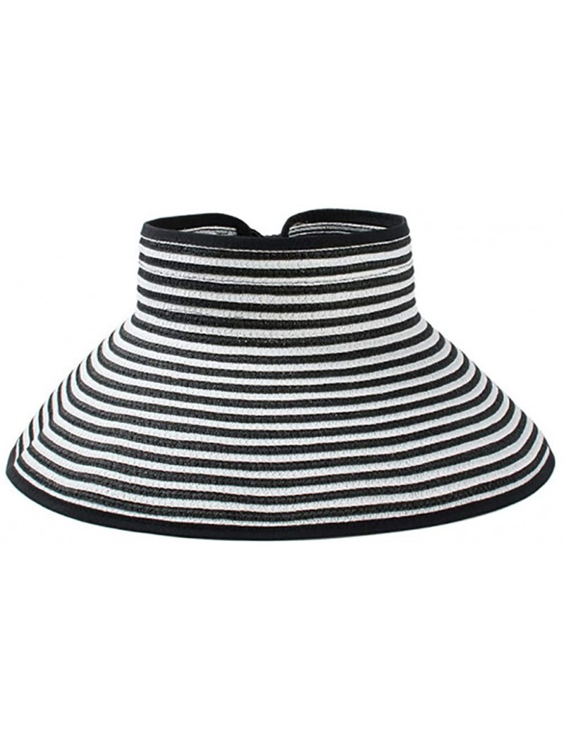 Sun Hats Women's Summer Foldable Straw Sun Visor w/Cute Bowtie Comfortable Beach Cap - Stripe Black - CB196ENQWE9 $17.08