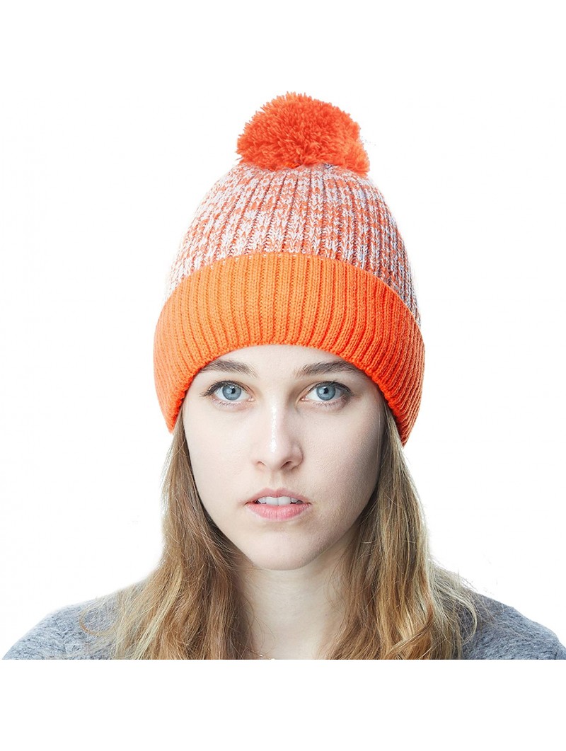 Skullies & Beanies Exclusive Ribbed Knit Warm Fuzzy Thick Fleece Lined Winter Skull Beanie - Orange With Pom - CL18KDDEWUA $1...