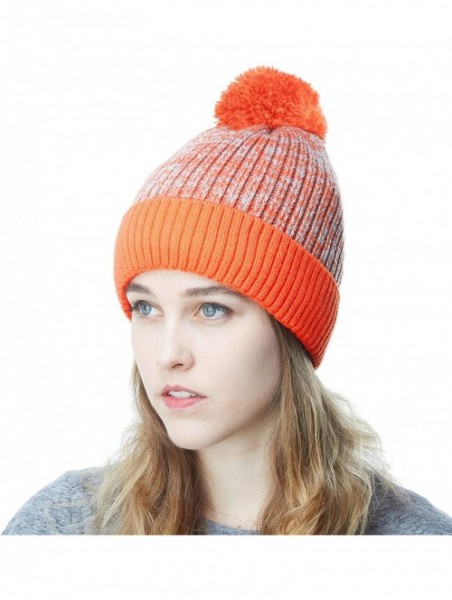 Skullies & Beanies Exclusive Ribbed Knit Warm Fuzzy Thick Fleece Lined Winter Skull Beanie - Orange With Pom - CL18KDDEWUA $1...