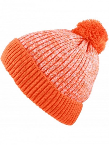 Skullies & Beanies Exclusive Ribbed Knit Warm Fuzzy Thick Fleece Lined Winter Skull Beanie - Orange With Pom - CL18KDDEWUA $1...