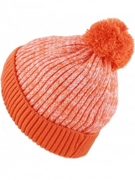 Skullies & Beanies Exclusive Ribbed Knit Warm Fuzzy Thick Fleece Lined Winter Skull Beanie - Orange With Pom - CL18KDDEWUA $1...