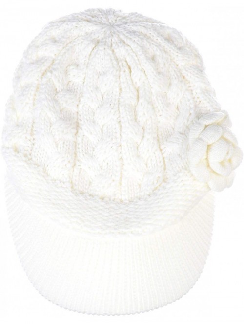 Skullies & Beanies Womens Winter Visor Cap Beanie Hat Wool Blend Lined Crochet Decoration - White Rose - CL18WHUN3U6 $19.87