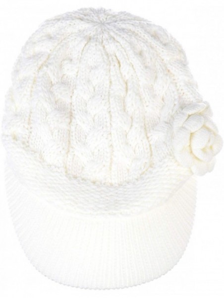 Skullies & Beanies Womens Winter Visor Cap Beanie Hat Wool Blend Lined Crochet Decoration - White Rose - CL18WHUN3U6 $19.87