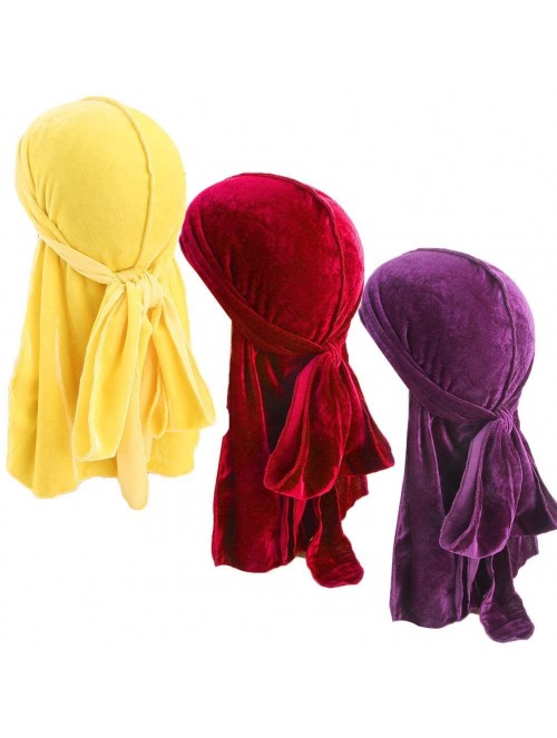 Skullies & Beanies Unisex Velvet and Silky Deluxe Durag for 360 Waves Headwraps Long-Tail Du-RAG - B - 3 Pack- Yellow + Red +...