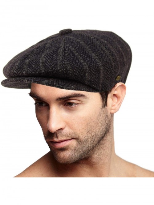 Newsboy Caps Men's 100% Winter Wool Herringbone Snap Newsboy Drivers Cabbie Cap Hat - Striped Navy - CQ18OA23IUL $17.70