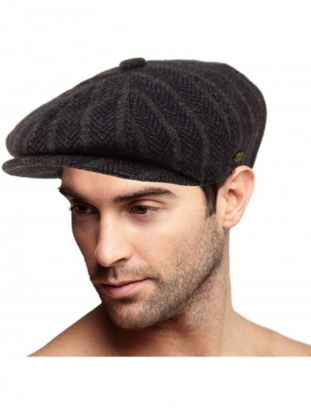 Newsboy Caps Men's 100% Winter Wool Herringbone Snap Newsboy Drivers Cabbie Cap Hat - Striped Navy - CQ18OA23IUL $17.70