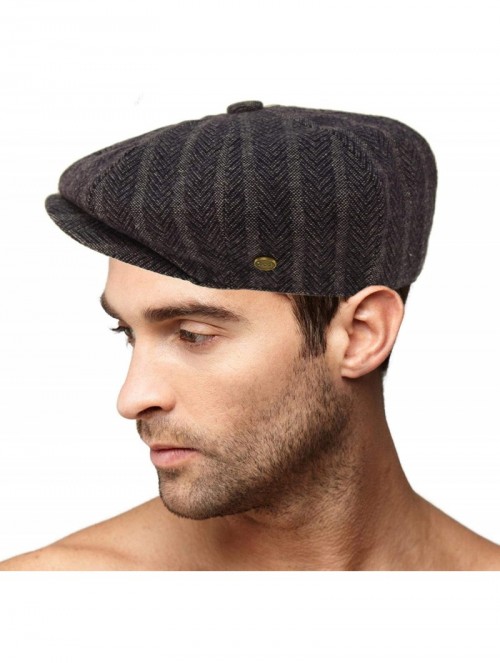 Newsboy Caps Men's 100% Winter Wool Herringbone Snap Newsboy Drivers Cabbie Cap Hat - Striped Navy - CQ18OA23IUL $17.70