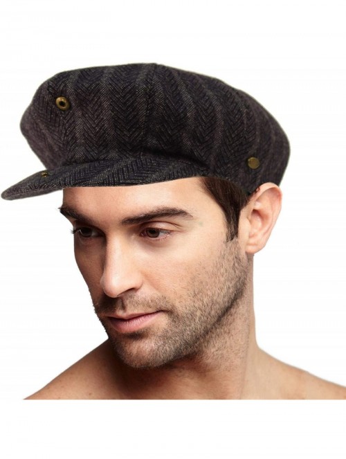 Newsboy Caps Men's 100% Winter Wool Herringbone Snap Newsboy Drivers Cabbie Cap Hat - Striped Navy - CQ18OA23IUL $17.70