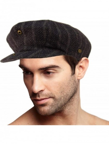 Newsboy Caps Men's 100% Winter Wool Herringbone Snap Newsboy Drivers Cabbie Cap Hat - Striped Navy - CQ18OA23IUL $17.70