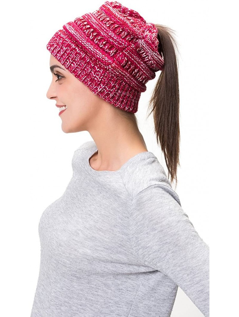 Skullies & Beanies Women Cable Knit BeanieTail Messy Bun Ponytail Cap Warm Winter Beanie Hat - Rose & White - C018WMLSW2H $14.42