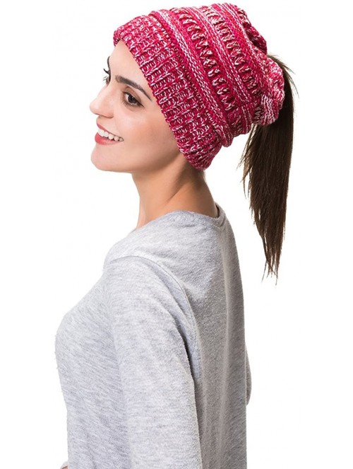 Skullies & Beanies Women Cable Knit BeanieTail Messy Bun Ponytail Cap Warm Winter Beanie Hat - Rose & White - C018WMLSW2H $14.42