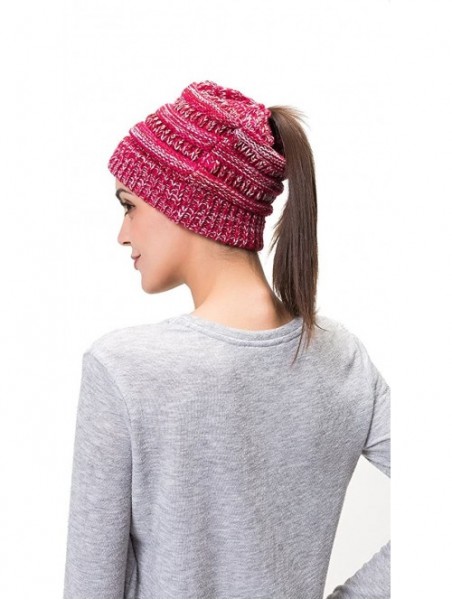 Skullies & Beanies Women Cable Knit BeanieTail Messy Bun Ponytail Cap Warm Winter Beanie Hat - Rose & White - C018WMLSW2H $14.42