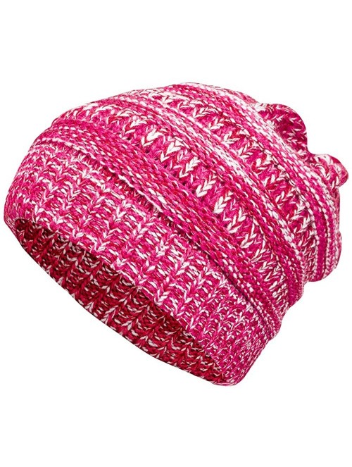 Skullies & Beanies Women Cable Knit BeanieTail Messy Bun Ponytail Cap Warm Winter Beanie Hat - Rose & White - C018WMLSW2H $14.42