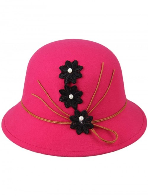 Bucket Hats Womens Flower Sun Hat Wool Felt Bucket Hat - Rose Red - CY12N7ZS1KM $13.44
