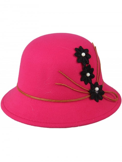 Bucket Hats Womens Flower Sun Hat Wool Felt Bucket Hat - Rose Red - CY12N7ZS1KM $13.44