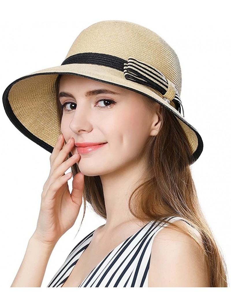 Sun Hats Floppy Straw Sun Hat Fedora for Women Summer Beach Wide Brim Packable Panama Cloche 56-58cm - Beige_99304 - CG18CWOO...