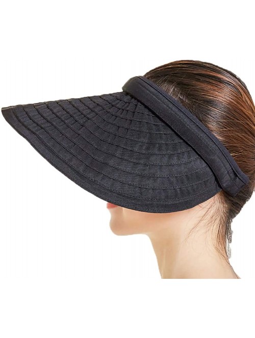 Sun Hats Women's Summer Foldable Straw Sun Visor w/Cute Bowtie Comfortable Beach Cap - Ripple Black - CK196ELKD80 $22.58