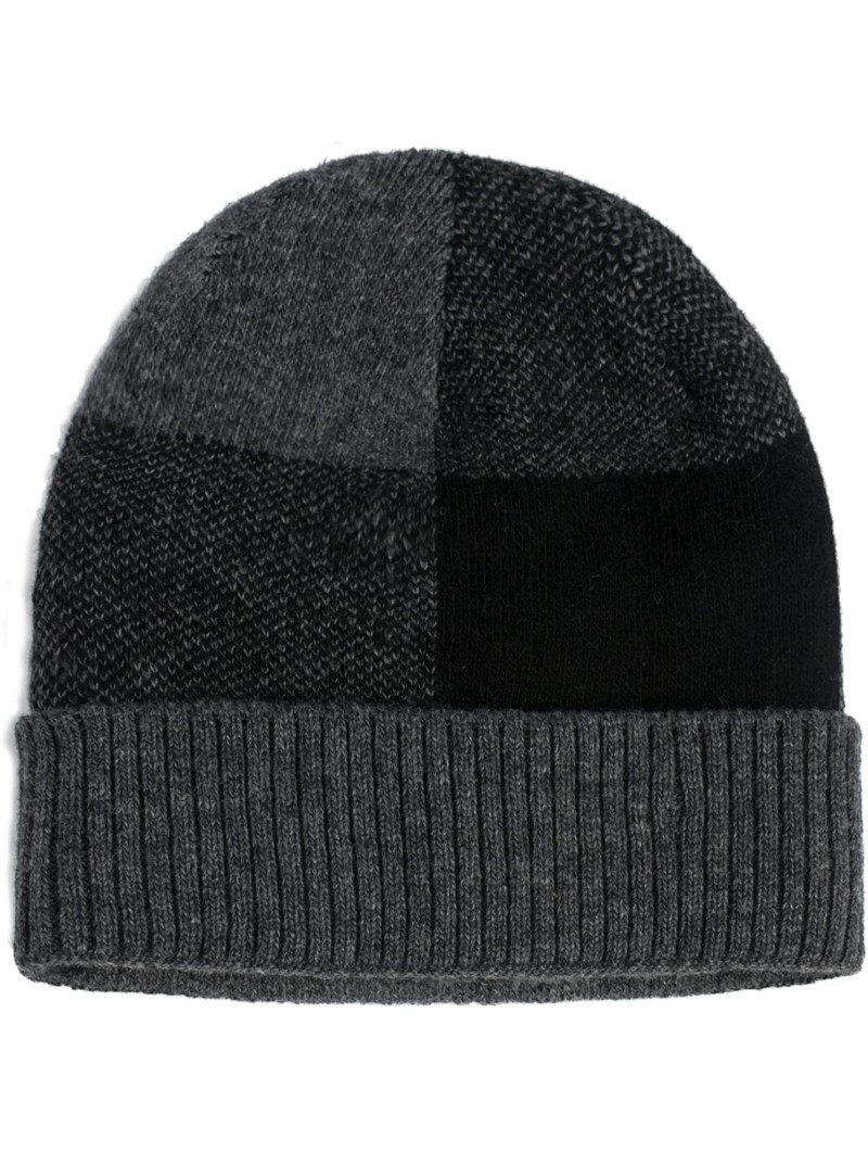 Skullies & Beanies Men's Wool Blend Knit Beanie- Soft & Warm Velour Fleece Lined - Block - Gray - CM187SIUSYH $18.74