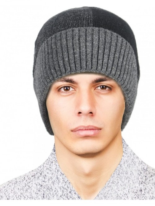 Skullies & Beanies Men's Wool Blend Knit Beanie- Soft & Warm Velour Fleece Lined - Block - Gray - CM187SIUSYH $18.74