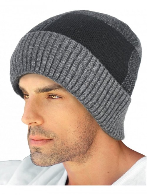 Skullies & Beanies Men's Wool Blend Knit Beanie- Soft & Warm Velour Fleece Lined - Block - Gray - CM187SIUSYH $18.74