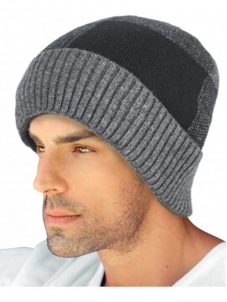 Skullies & Beanies Men's Wool Blend Knit Beanie- Soft & Warm Velour Fleece Lined - Block - Gray - CM187SIUSYH $18.74