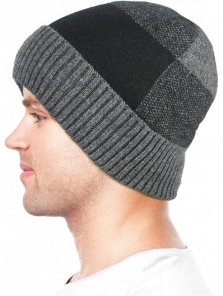 Skullies & Beanies Men's Wool Blend Knit Beanie- Soft & Warm Velour Fleece Lined - Block - Gray - CM187SIUSYH $18.74