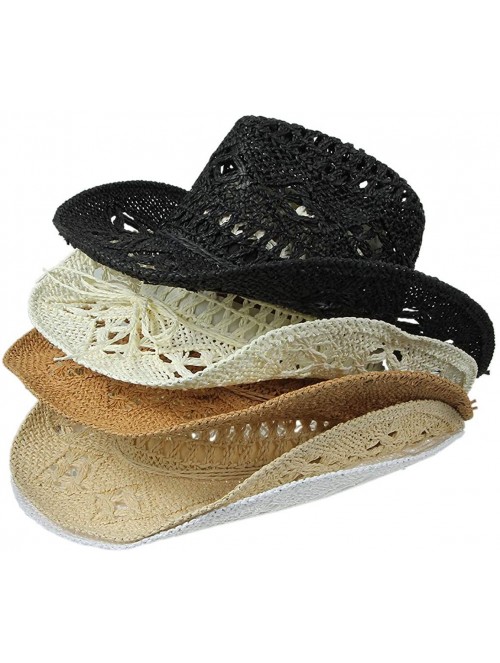 Cowboy Hats Women Straw Hat Hollow Out Cowboy Cowgirl Sun Hat Summer Beach Straw Cowboy Hat - Black - CA18Q56G79T $15.22