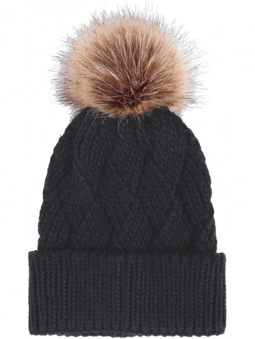 Skullies & Beanies Diamond Weave Knit Beanie with Faux Fur Pompom - Black - CO185LW4LT2 $13.30