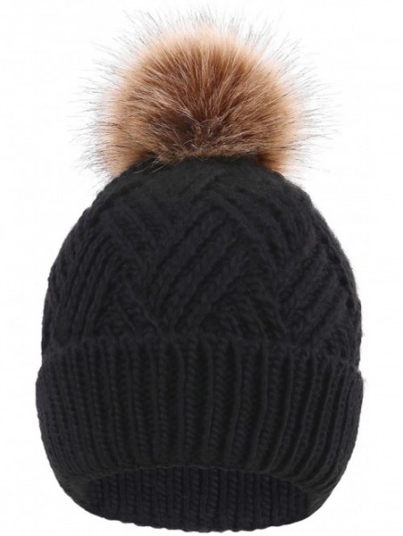 Skullies & Beanies Diamond Weave Knit Beanie with Faux Fur Pompom - Black - CO185LW4LT2 $13.30