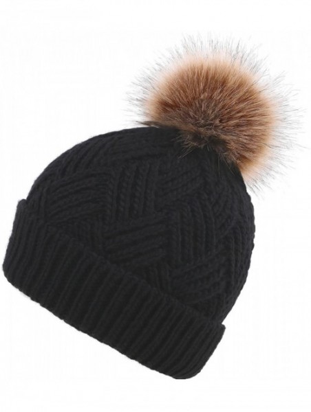 Skullies & Beanies Diamond Weave Knit Beanie with Faux Fur Pompom - Black - CO185LW4LT2 $13.30